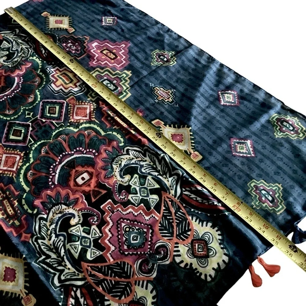 Paisley Print Scarf Aztec Accents Fringe Navy Multicolored Long 36” x 70” New!